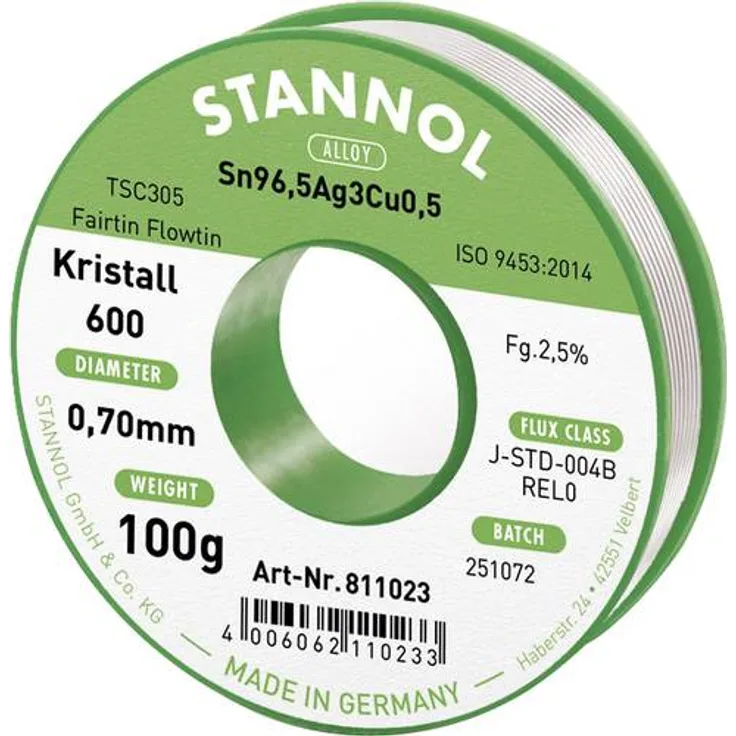 Stannol Kristall 600 Fairtin Lötzinn, bleifrei bleifrei Sn3.0Ag0.5Cu 100g 0.7mm