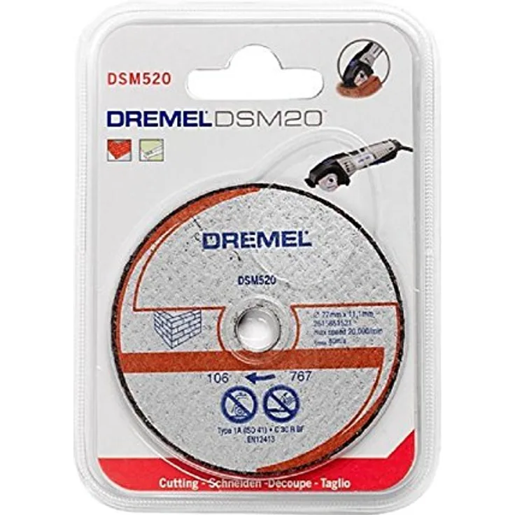 Dremel DSM520 Mauerwerk-Trennscheiben Zubehörsatz (für Dremel Kompakt-Kreissäge DSM20 mit 2 Trennscheiben 77mm zum Schneiden und Trennen von Ziegelstein sowie Trockenbauplatten-Gipskarton)