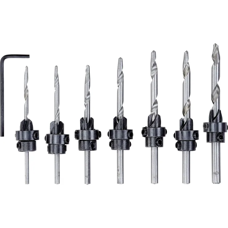 kwb 513190 Bohrer Senker, 8-teiliges Set, 7 x Anschläge, Tiefen-Stopps für Weich-Holz