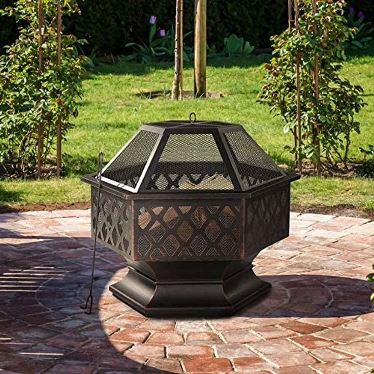 Gardebruk Feuerkorb sechseckig 70x60,5 cm Stahl Funkenfluggitter inkl. Schürhaken Feuerstelle Feuerschale Garten – Bild 5
