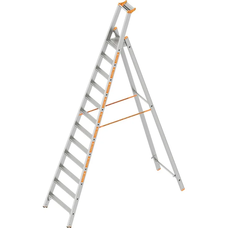 Layher 1064012 Stufenstehleiter einseitig begehbar Topic mit 12 Breiten Stufen, Aluminiumleiter klappbar mit Podest, Länge 3.70 m