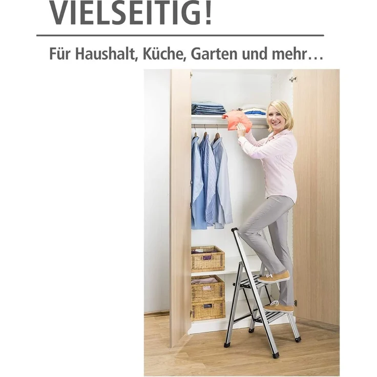 WENKO Leichte Aluminium Trittleiter mit 2 Stufen für 50 cm höheren Stand, rutschsichere XXL-Stufen, Design Klapptrittleiter mit 44 x 101 x 5,5 cm, Süd zertifiziert, matt silber – Bild 2