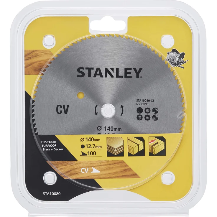 Stanley STA10080-XJ CV-Querschnittsägeblatt (100 Zähne, 140 mm Durchmesser, 12,7 mm Bohrung, passend für Black+Decker Maschinen, Anwendung in Speerholz, feine Schnitte & Querschnitte), schwarz/gelb