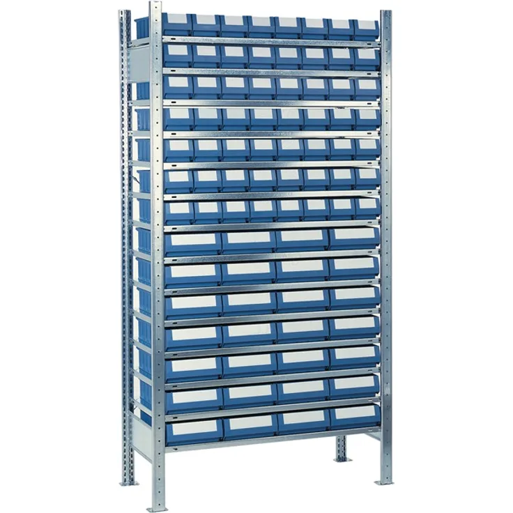 Steck-Anbauregal H2000xB1000xT300mm 14 Böden Kästen: 56xGr. 1, 28xGr.2 blau
