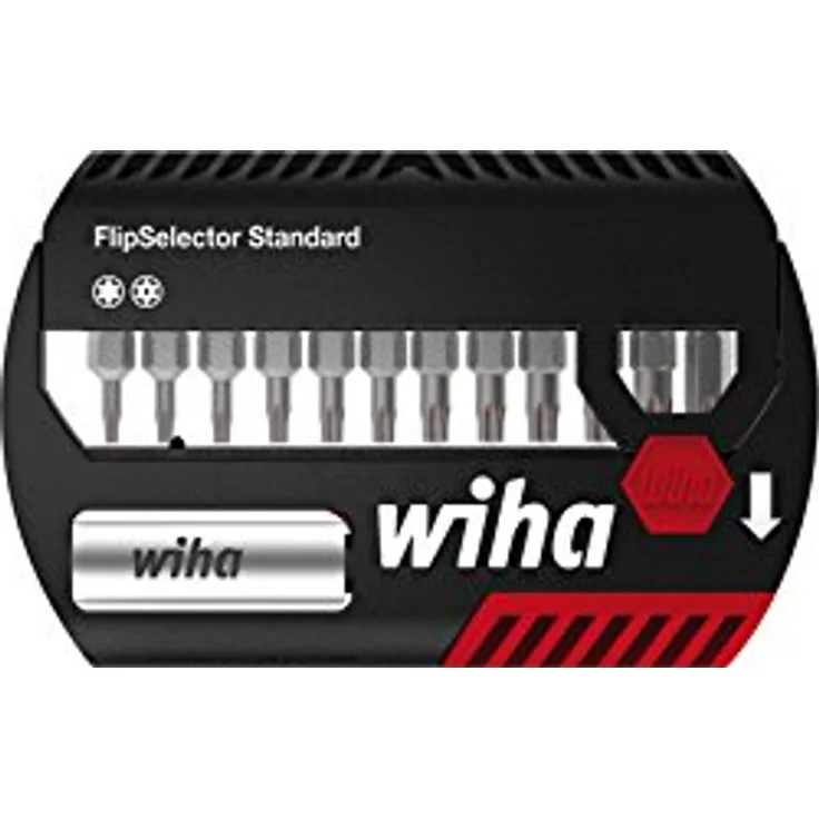 Wiha Bit Set FlipSelector Standard 25 mm TORX Tamper Resistant (mit Bohrung) 13-tlg. 1-4'' (39037), Bithalter, Set, Öffnen per Knopfdruck, schneller Bitwechsel, passt in die Hosentasche