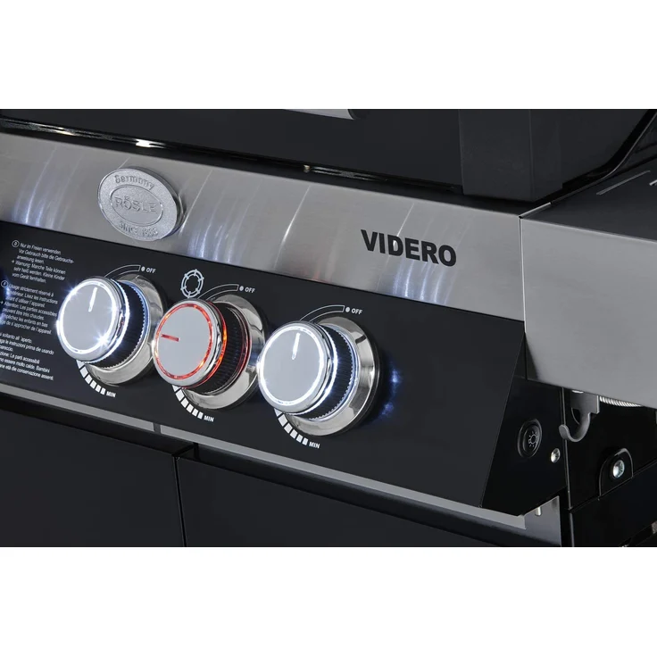 RÖSLE Gasgrill BBQ-Station VIDERO G3 Schwarz, Grill mit 3 Haupt- und 1 Seitenbrenner, Deckel mit Glaseinsatz & Thermometer, beleuchtete Drehknöpfe, pulverbeschichteter Stahl schwarz, Version 2021 – Bild 2