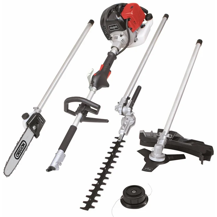 Scheppach Benzin Motorsense MFH5200-4P (1,8 PS, 4in1 Multitool - Rasentrimmer, Heckenschere, Hochentaster, 250mm Schwert-Kette von Oregon, schwenkbaar) mit Schnellwechsler und Gurt – Bild 1