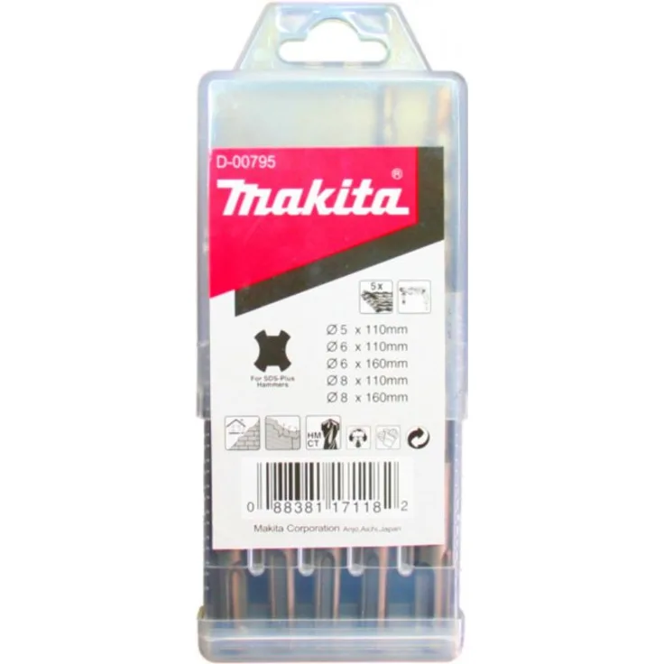 Makita D-00795 Bohrer-Set für Mauerwerk, 5-teilig, SDS-Plus Standmak 5 x 110, 6 x 110, 6 x 160, 8 x 110, 8 x 160 mm