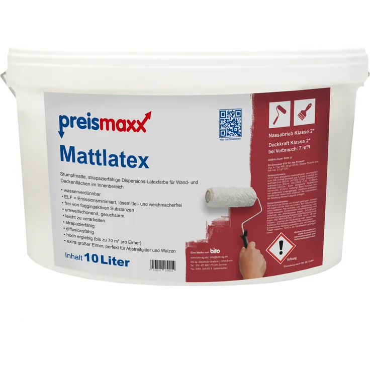 preismaxx Mattlatex Latexfarbe weiß matt 10L gute Deckkraft