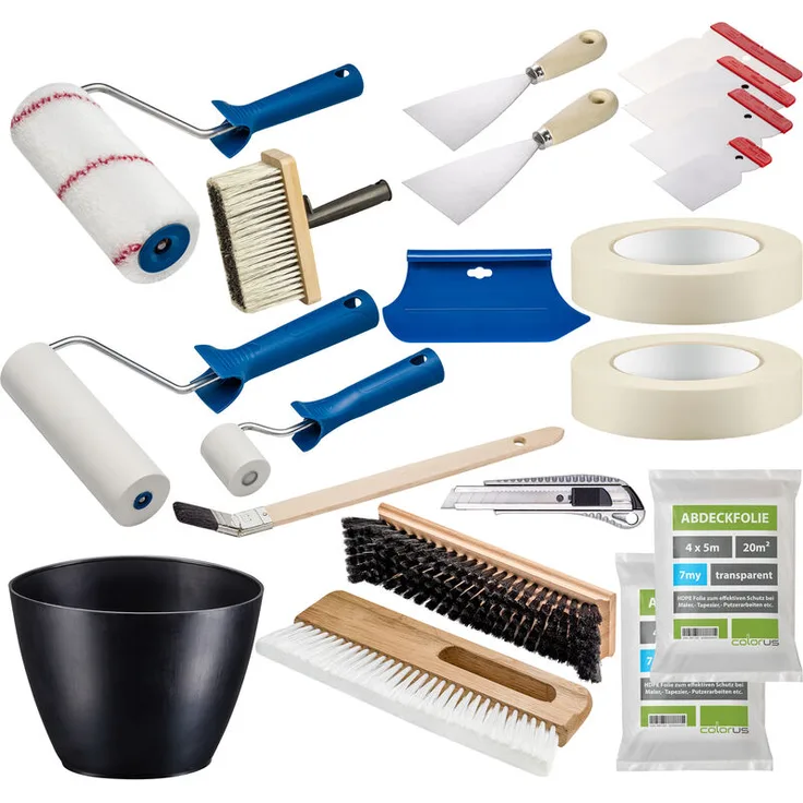 Colorus Profi Tapezier Set 17-teilig | Tapezierwerkzeug Set für Vliestapete Renovierungsset | Cuttermesser Andrückroller Tapezierbürste Deckenbürste