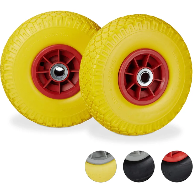 Relaxdays, gelb-rot 2X Sackkarrenrad, pannensichere Vollgummireifen, 3.00-4 Zoll, 20mm Achse, bis 80 kg, 260 x 85 mm – Bild 1