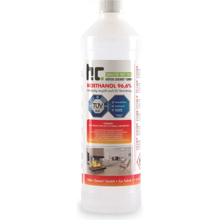 Höfer Chemie GmbH 15 x 1 Liter Bioethanol 96,6% Premium für Ethanol-Tischkamin in Flaschen