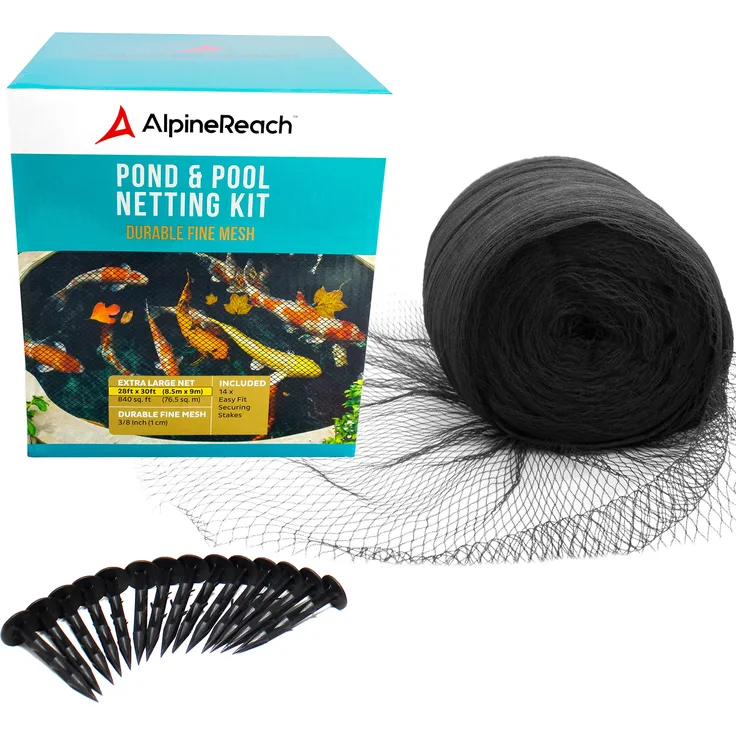 AlpineReach Koi-Teichnetz-Set – dichtes, feines Netz, strapazierfähig, dehnbar, für den Pool – schützt Koifische vor Blaureiher, Vögeln, Katzen, Raubfische, UV-Schutz, inklusive Stangen 28x30ft schwarz