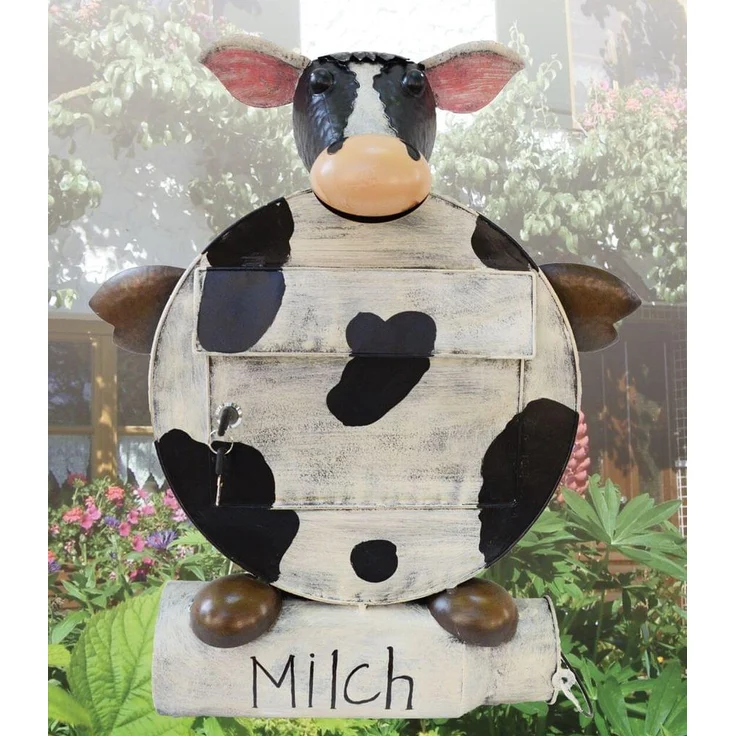 Briefkasten aus Metall mit Zeitungsrolle, Tiermotiv Kuh