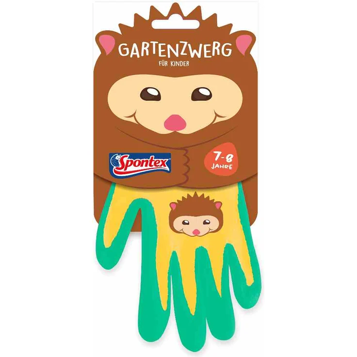 Spontex Gartenzwerg Handschuhe, Gartenhandschuhe für Kinder, ideal für das Spielen und Arbeiten im Garten, mit Nitrilbeschichtung, Igelmotiv, 1 Paar, 7-8 Jahre