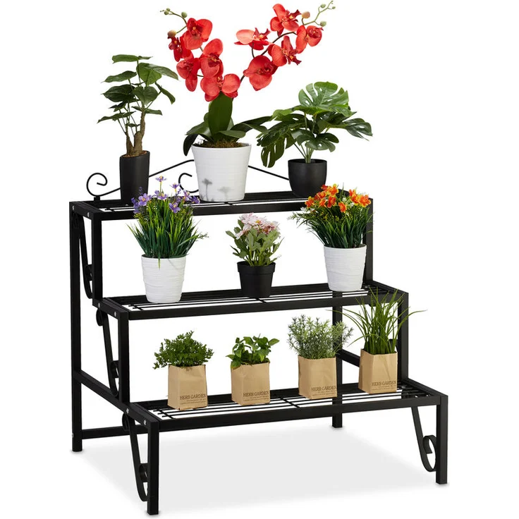 Relaxdays - Blumentreppe Metall, 3 Stufen, Outdoor und Indoor, Pflanzentreppe mit Verzierung, HBT 69 x 70 x 60 cm, schwarz – Bild 1