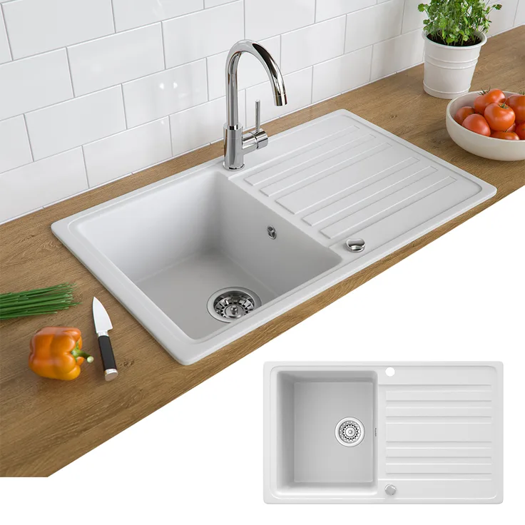 Bergström Granit Spüle Küchenspüle Einbauspüle Auflage Spülbecken Küche reversibel Weiß