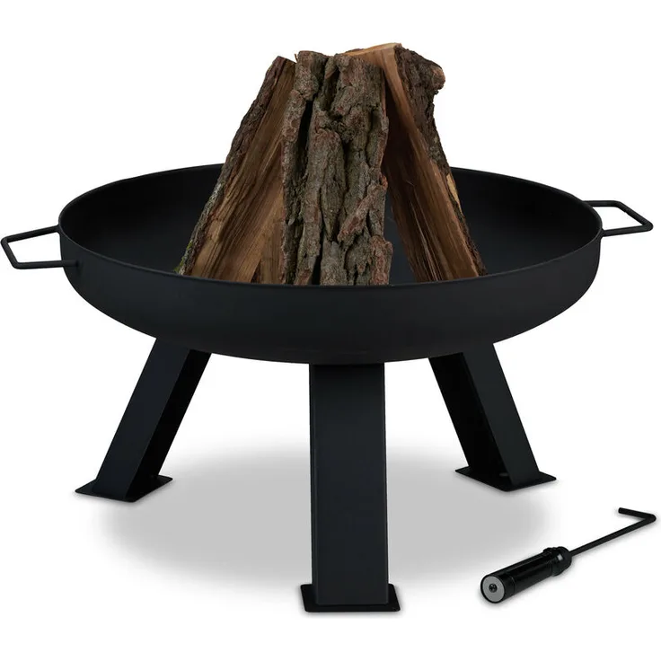 Relaxdays Feuerschale Durchmesser 60 cm, inkl. Schürhaken, Garten Terrasse Feuerstelle, rund, Feuerkorb Stahl, schwarz