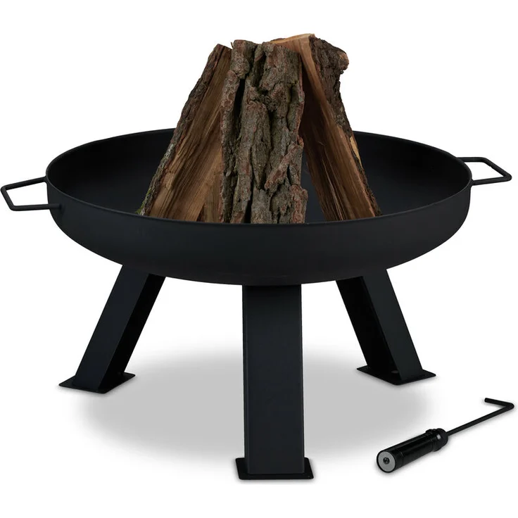 Relaxdays Feuerschale Durchmesser 60 cm, inkl. Schürhaken, Garten Terrasse Feuerstelle, rund, Feuerkorb Stahl, schwarz – Bild 1