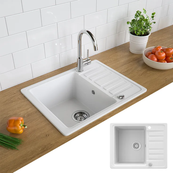 Bergström Spüle Küchenspüle Einbauspüle Spülbecken+Drehexcenter+Siphon Weiß