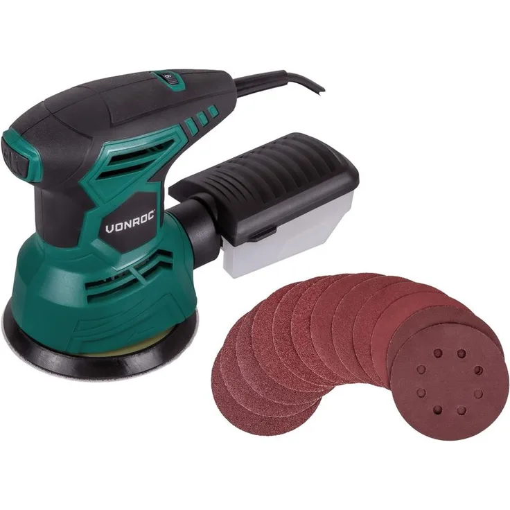 Vonroc Exzenterschleifer 300W - Ø125mm – mit Staub-Auffangbox und 12x Schleifpapier