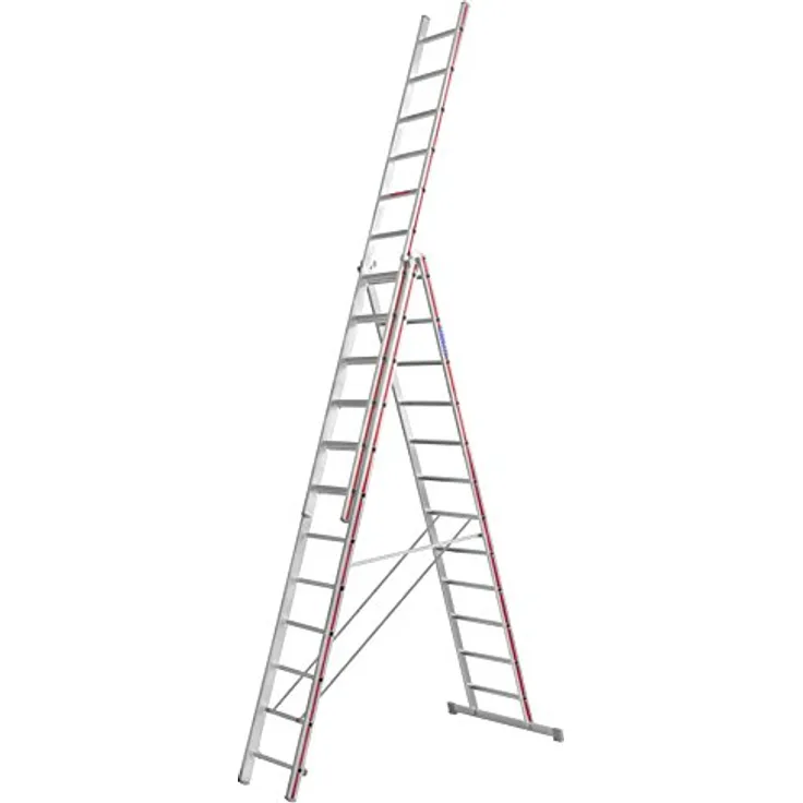 Hymer Allzweckleiter, dreiteilig, 3x14 Sprossen, senkr. Höhe 6,65 m, Reichhöhe 7,22 / 10,35 m, Gewicht 31,8 kg (404742)