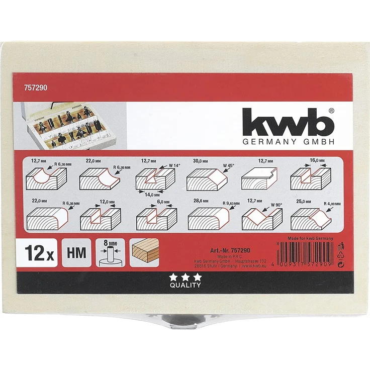 kwb Oberfräsen-Set, 12-teilig, (V-Nutfräser, Hohlkehlfräser u.v.m.) Hartmetall-bestückt, Anlaufkugellager inkl. Sechskant-Schlüssel und Holz-Koffer – Bild 3