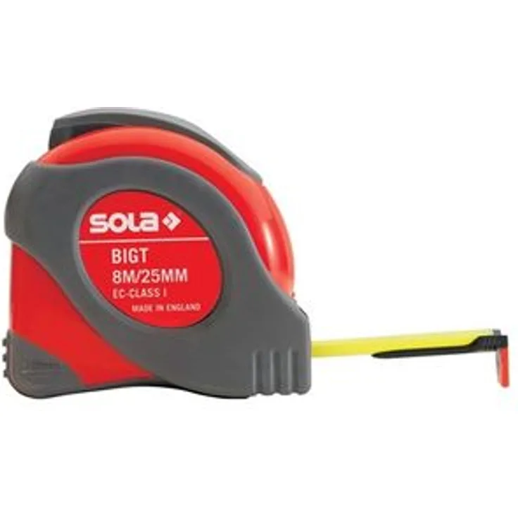 SOLA Bandmaß - BIG T - 8m - 25mm - extrem robustes Profi-Rollbandmaß mit Gürtelclip - Stahlband, gelb lackiert mit mm Skala - Genauigkeitsklasse I - Rollmeter mit rutschfestem Endhaken - Länge 8m-25mm