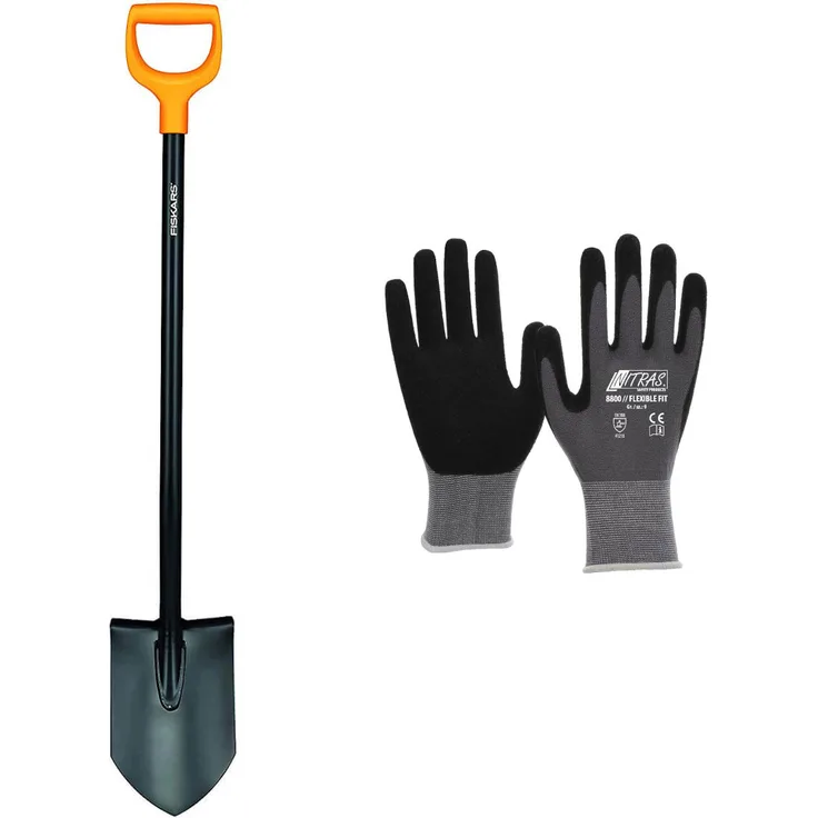 Fiskars Solid Gärtnerspaten spitz inkl Garten-Arbeitshandschuhe, Größe 10