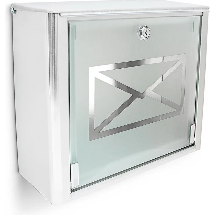 Relaxdays - Briefkasten mit Motiv-Glastür, Postkasten Edelstahl, Abschließbar, HBT: ca. 30,5 x 35,5 x 14 cm, silber - grau