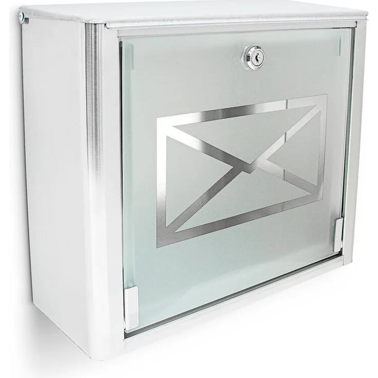 Relaxdays - Briefkasten mit Motiv-Glastür, Postkasten Edelstahl, Abschließbar, HBT: ca. 30,5 x 35,5 x 14 cm, silber - grau