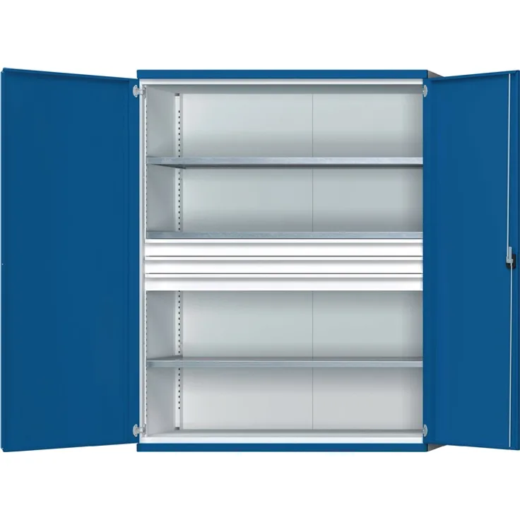 Schwerlastschrank H1950xB1485xT630mm lichtgrau-enzianblau 3 Fbd. 3 x 120mm