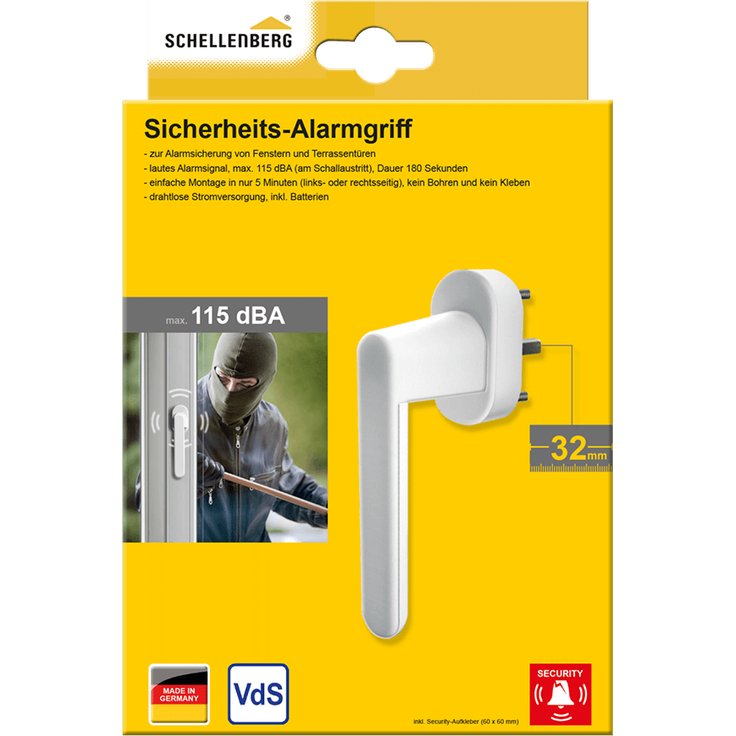 Schellenberg Sicherheits-Alarmgriff für Fenster und BalkonTüren, lauter Alarm Silber 32 mm - Schellenberg