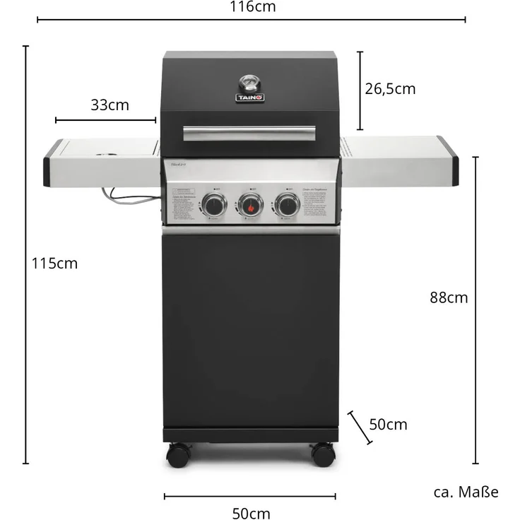 TAINO BLACK 2 Gasgrill mit Seitenbrenner Gusseisen-Rost Gasgrill 2 Brenner Standgrill Matt Schwarz – Bild 3
