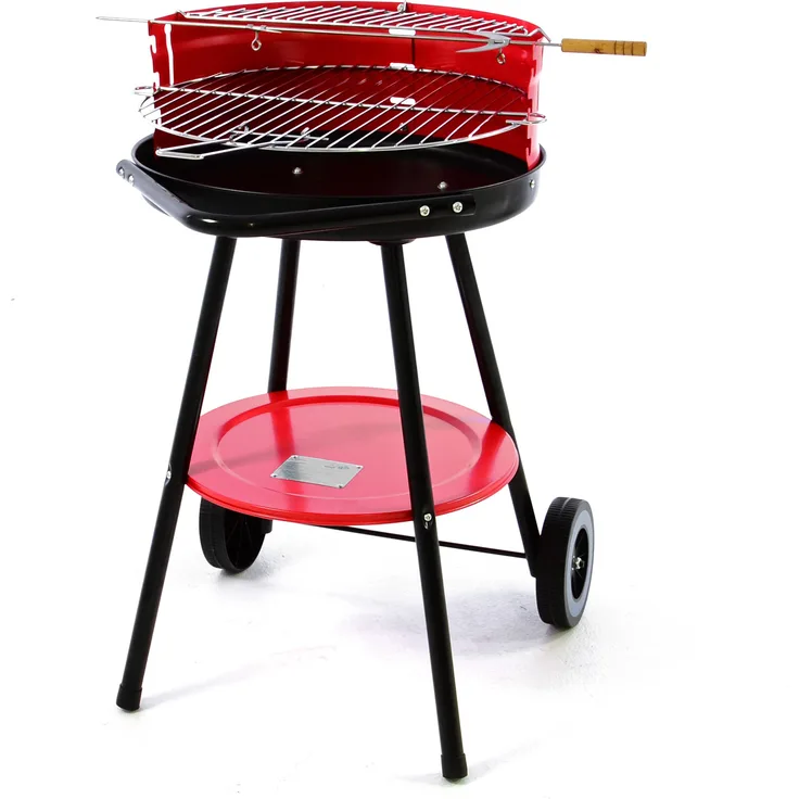 Nexos Rundgrill mit Ablage Holzkohlegrillwagen BBQ Holzkohlegrill rot 70 x 40 cm Bratenspieß Windschutz Spritzschutz Räder Outdoor Terrasse Garten Balkon Standgrill freistehend Rost