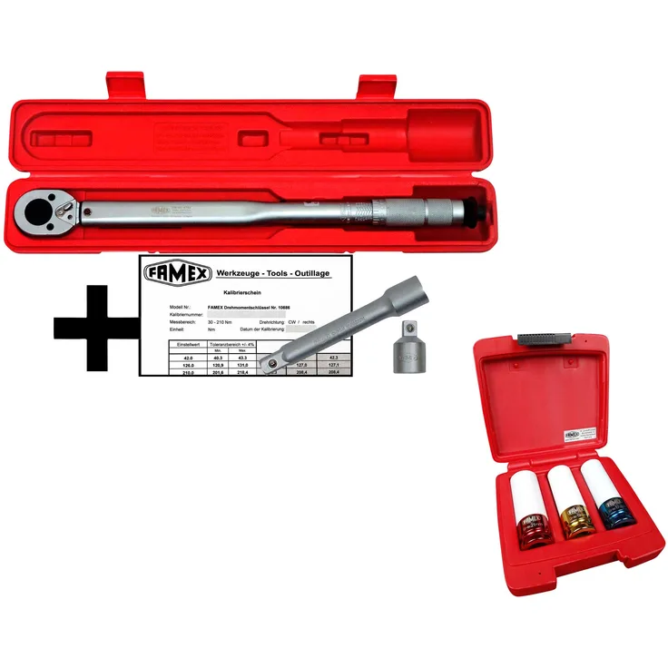 FAMEX Sparset: Drehmomentschlüssel-Set , 30-210 Nm, mit Spezial-Radmutterneinsätzen