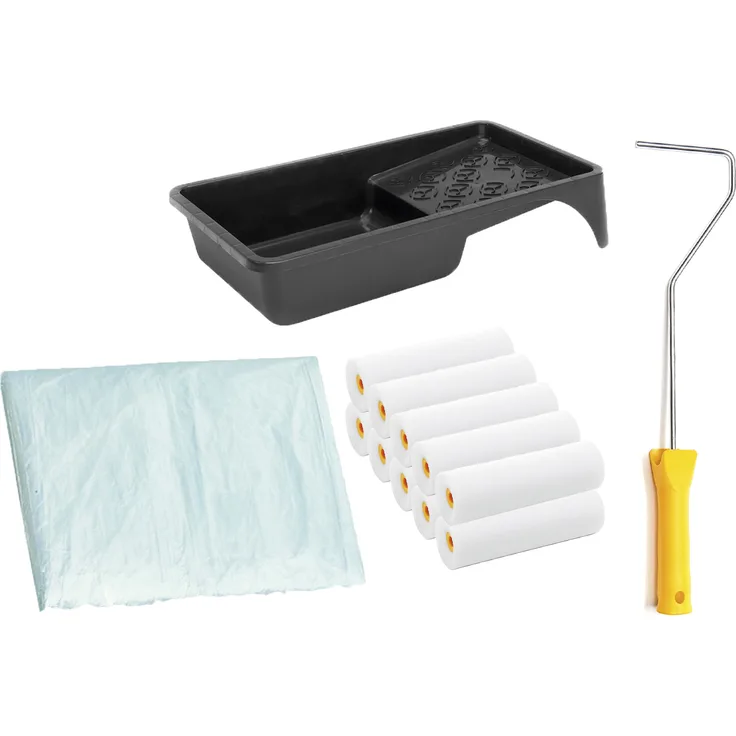 Lackier Set: 10 x Schaumwalzen 10 cm superfein gerade | 1 x Farbroller Bügel | 1 x Farbwanne | 1 x Abdeckfolie
