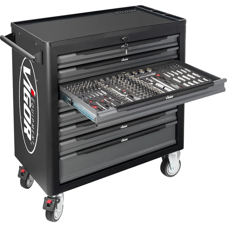 Vigor Werkstattwagen (7 Flache, 1 hohe Schublade, mit 499-teiligem Sortiment) V5434