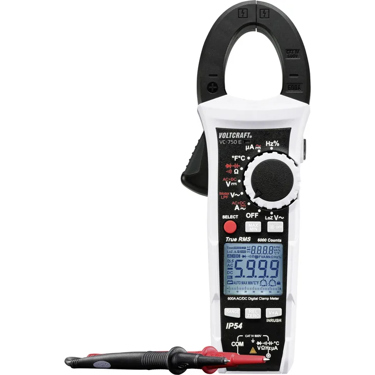 VOLTCRAFT VC-750 E Stromzange, Hand-Multimeter digital Spritzwassergeschützt IP54 CAT IV 600V Anzeige Counts: 6000