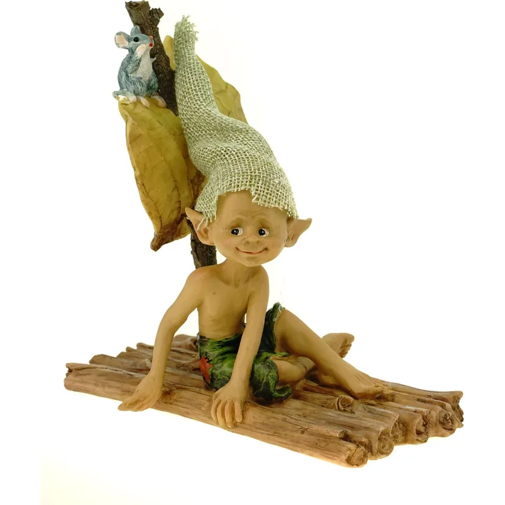 Auf großer Fahrt Pixie auf Floß mit Maus im Ausguck 15 cm Figur Kobold Fee Fabelwesen