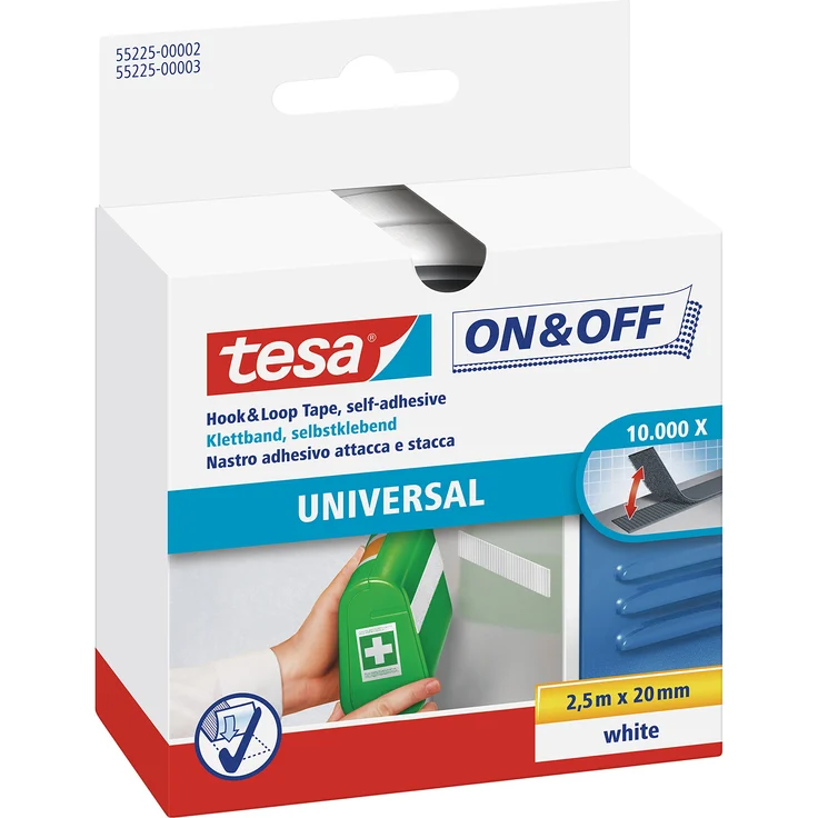 tesa On & Off Klettband zum Aufkleben - Selbstklebendes Klettklebeband zur Befestigung leichter Gegenstände - Weiß, 2 cm x 250 cm – Bild 1