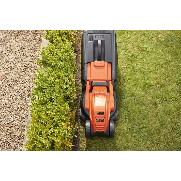 Black+Decker Elektro-Rasenmäher mit Fahrradlenker-Griff - 1.200W, 32cm Schnittbreite, 3-fach axial Höhenverstellung, 35l Fangbehälter, ideal für kleine Gärten - BEMW451BH – Bild 2