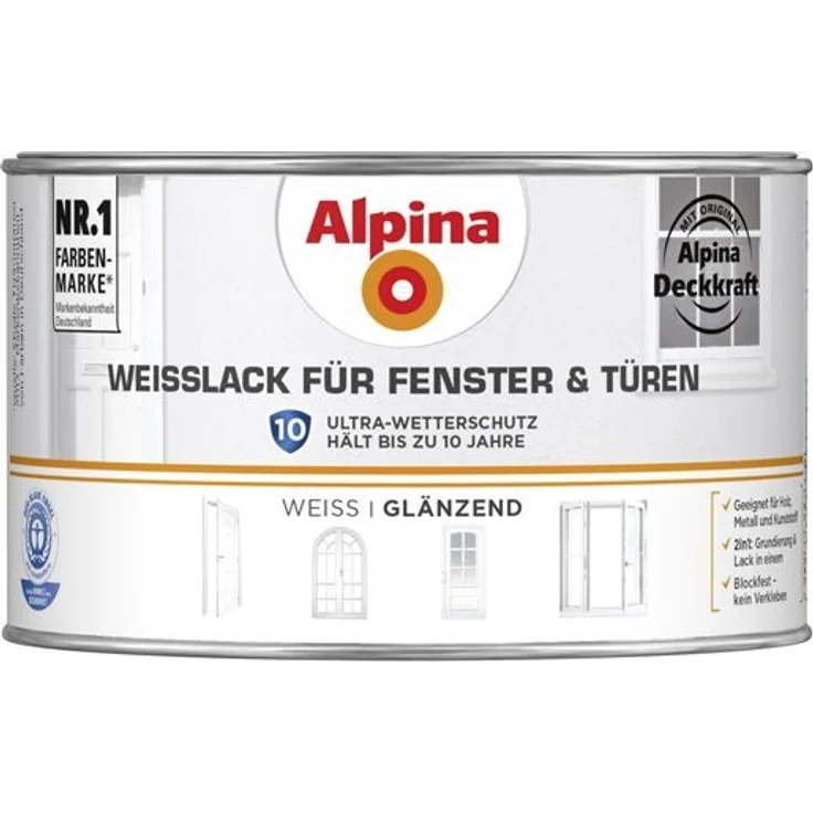 Alpina Weißlack für Fenster & Türen 300 ml, weiß, glänzend – Bild 1