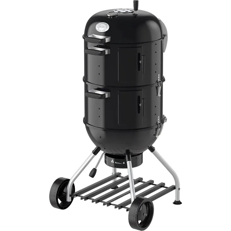 RÖSLE Smoker No. 1 F50-S, Stahl schwarz, 69 x 68 x 136 cm, als Holzkohlegrill verwendbar, Deckelscharnier, integrierter Wasserbehälter (7 l) für gleichbleibende Temperatur