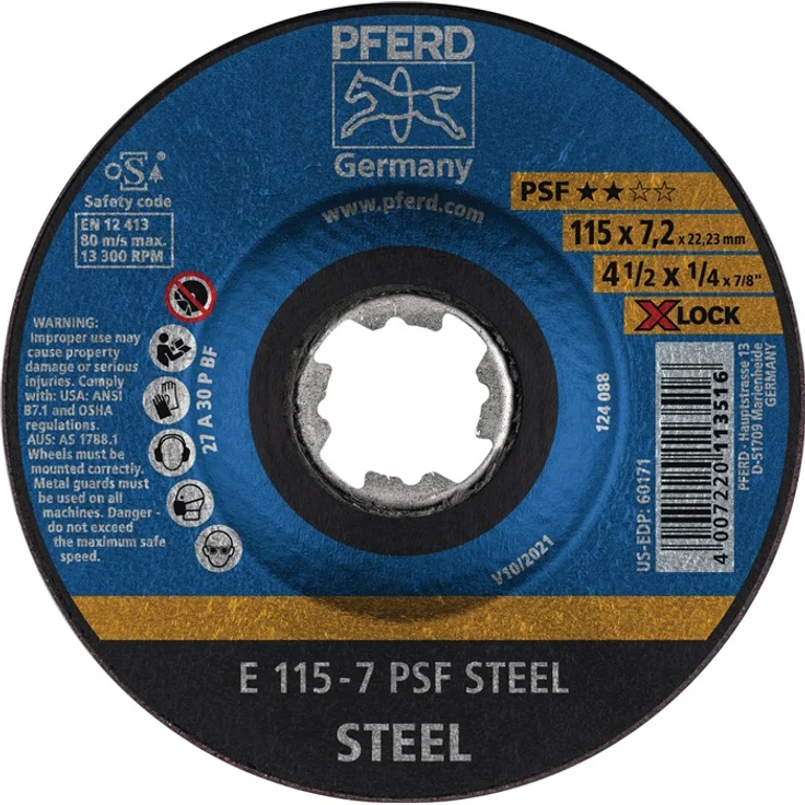 PFERD Schruppscheibe, 10 Stück, 115 x 7,2mm, X-LOCK (22,23 mm), PSF STEEL, 62011115 – für schnelle und komfortable Werkzeugwechsel – Bild 1