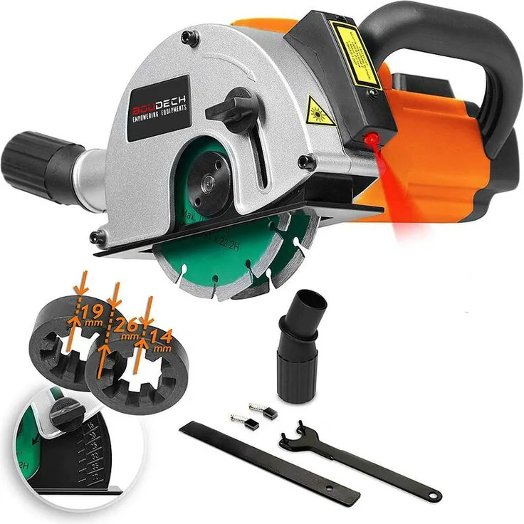 Boudech - 1700W Wandschienen-Nutenfräsmaschine mit Laserführung, 2 Diamantscheiben und Staubsaugeradapter - Nutfräsmaschine für Mauerwerk und