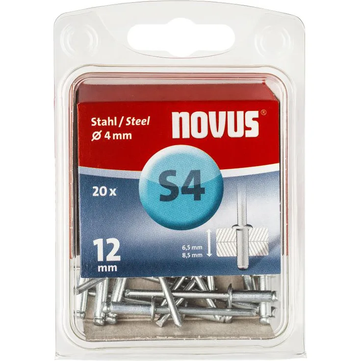 Novus Stahl-Blindnieten 12 mm, 20 Nieten mit Ø 4 mm, 6.5 - 8.5 mm Klemmlänge, zur Befestigung von Stahlblechen