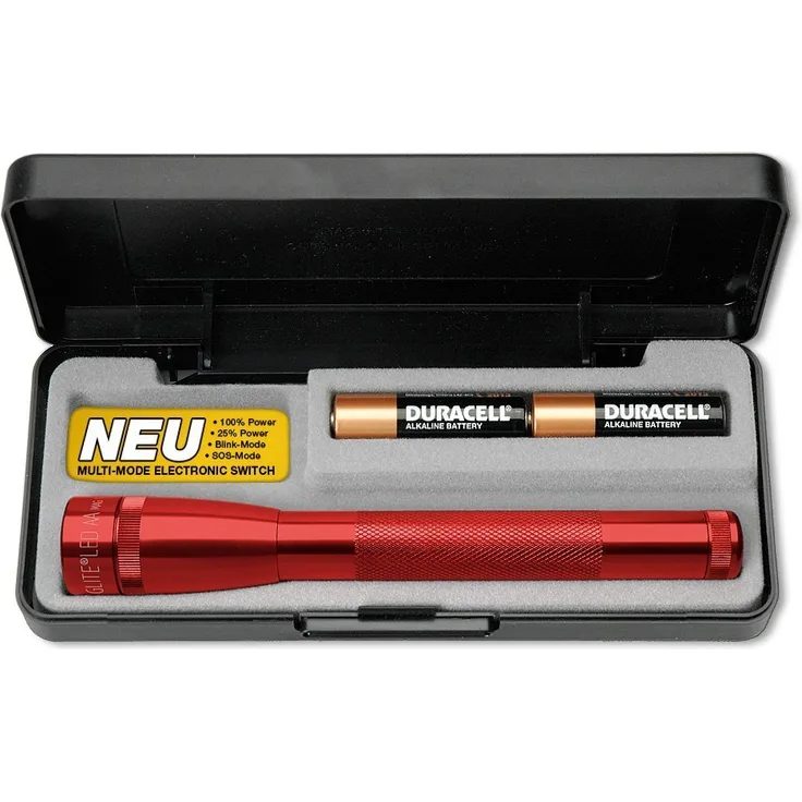 Mag-Lite LED-Taschenlampe SP22037F Mini Maglite 2AA Multimode Hochleistungs-LED-Taschenlampe, 17 cm rot inkl. Mignon-Batterien im Etui