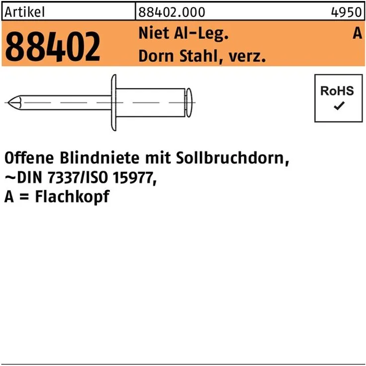 Reyher Blindniete R 88402 Flachkopf 4 x 35 Niet Aluminium-Leg.-Dorn Stahl verzinkt