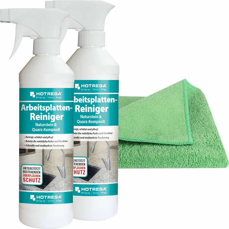 HOTREGA Arbeitsplatten Reiniger Naturstein und Quarz Komposit 2x 500ml inkl. Microfasertuch Micro Star